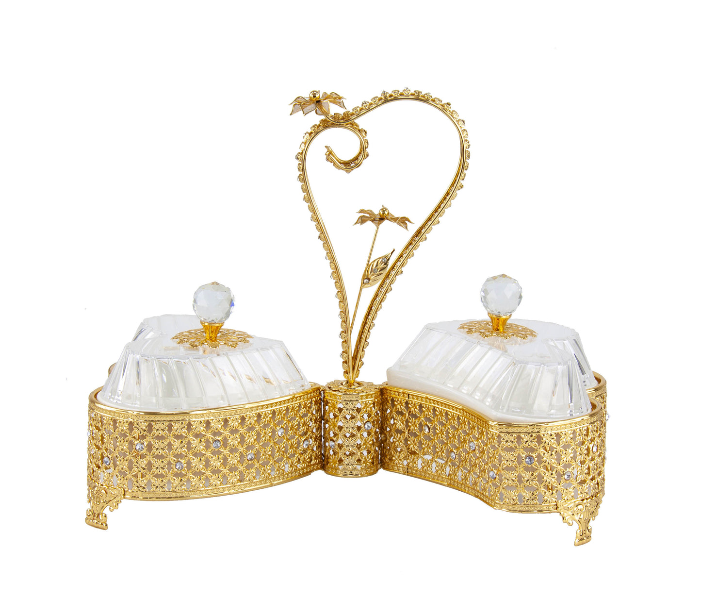 Ornate Party Heart Shape Serving Tray 2 Bowls With Lids Gold Embroidery 36cm x 19cm x 32cm 8440 (Big Parcel Rate)