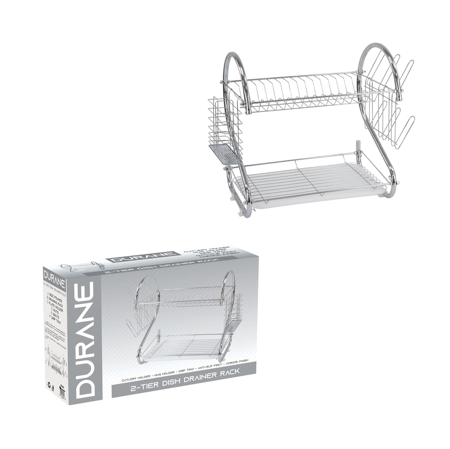 2 Tier Dish Drainer Rack With Cutlery Rack Holds Plates Mugs Cups Anti Slip Chrome Finish 9168 (Parcel Rate)
