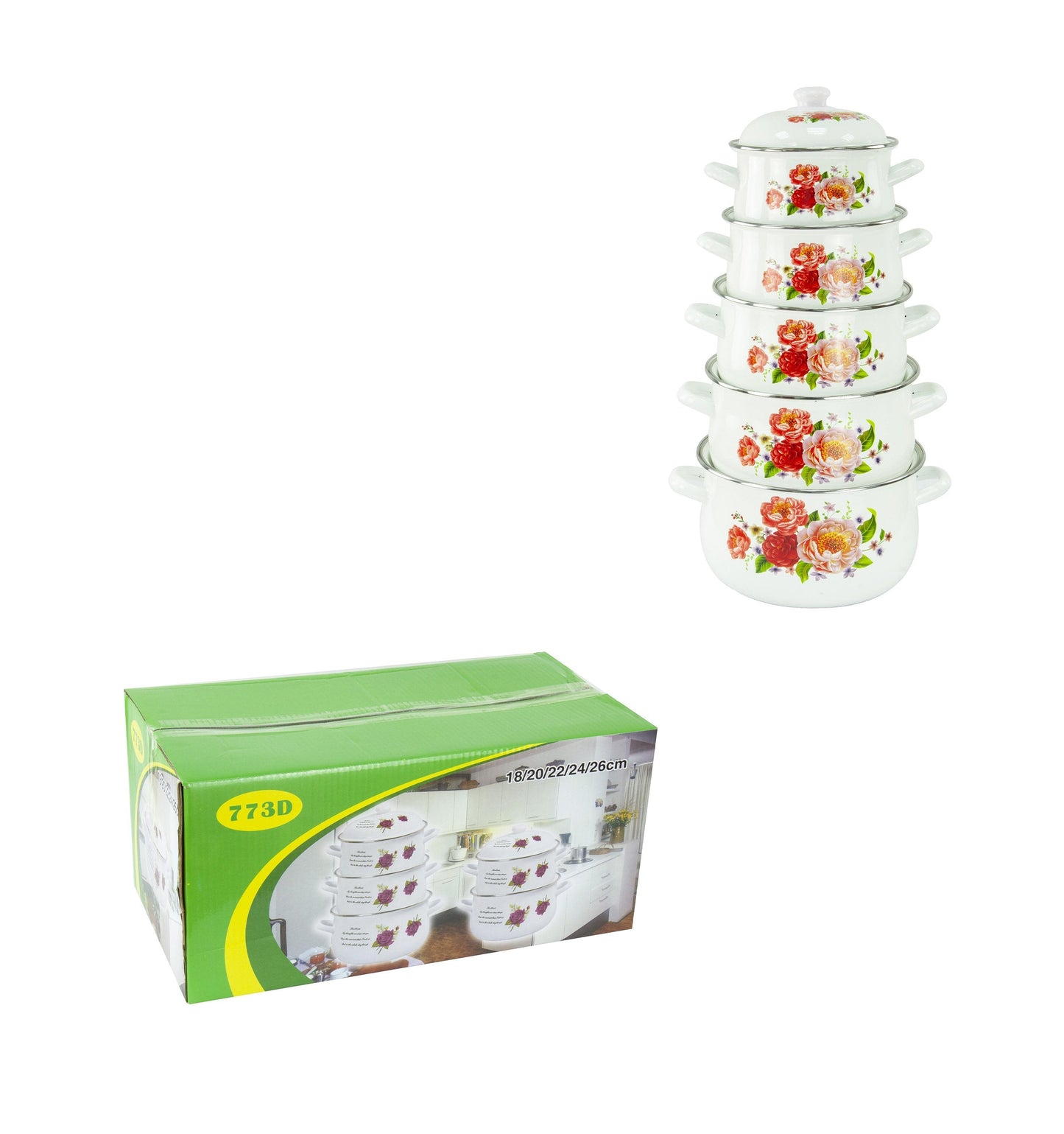 Set Of 5 Flower Design Stock Pot Kitchen Food Storage Enamel Pots 9199/773D (Big Parcel Rate)