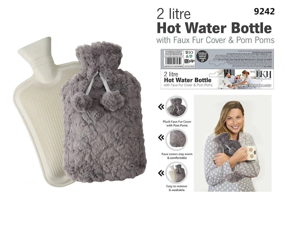 DGI Hot Water Bottle With Faux Fur Cover & Pom Poms 2 Litre 9242 A  (Parcel Rate)