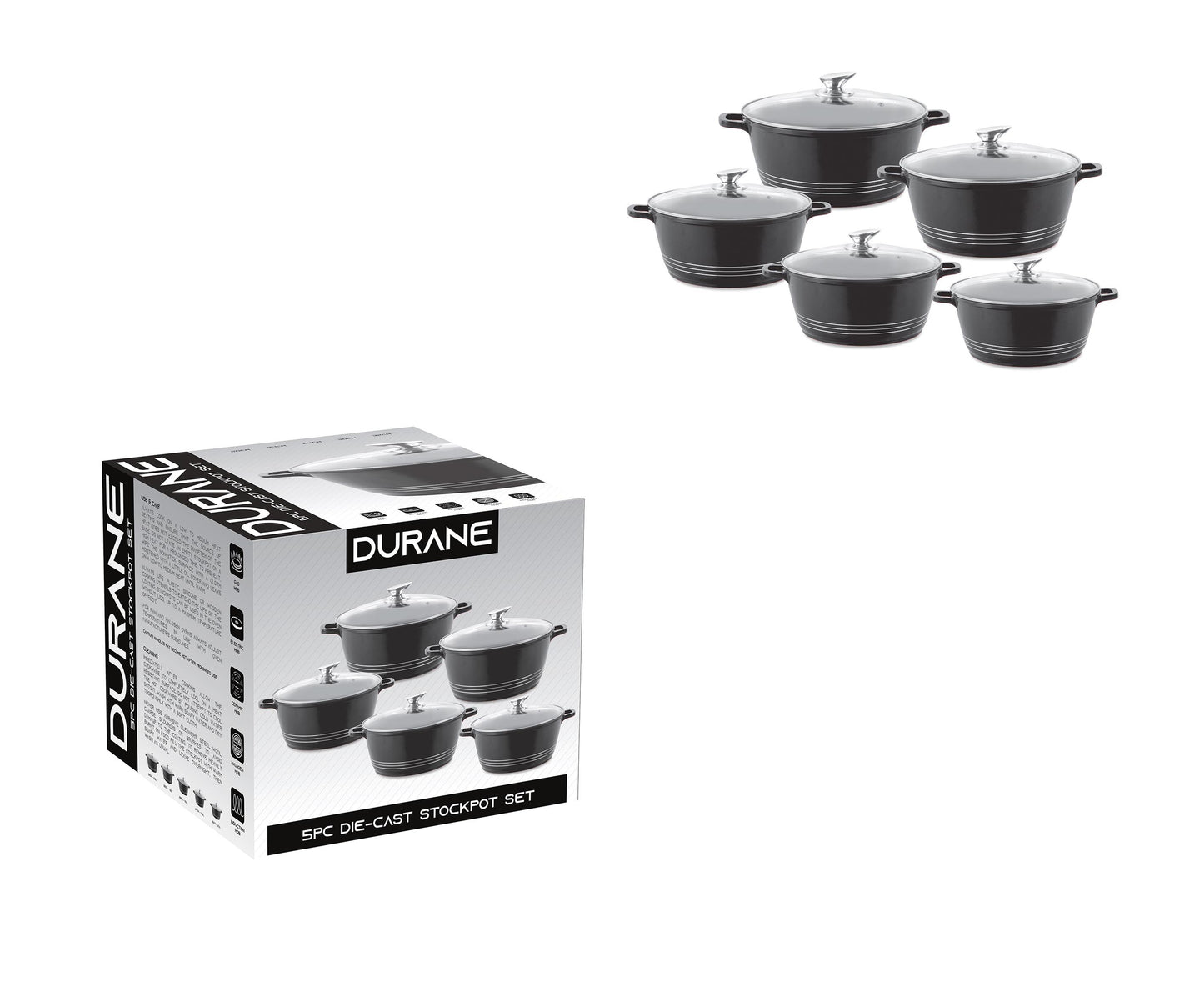 Durane Die Cast Stock Pot Set Of 5 Stainless Steel Non Stick Coating And Handle 9317 (Big Parcel Rate)