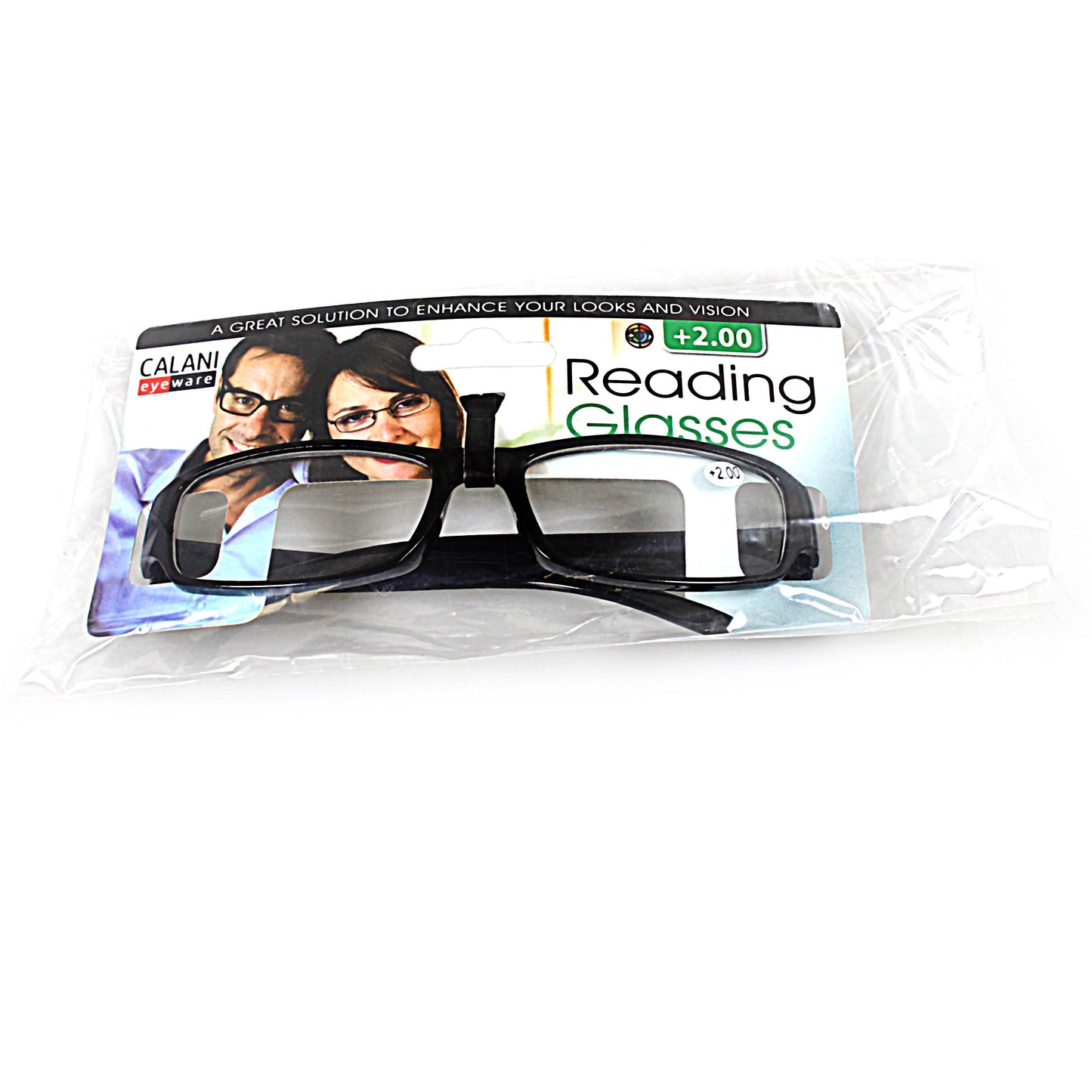 Plastic Calani Black Reading Glasses +2.00 BOX200 (Parcel Rate)