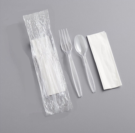 Disposable Fork Spoon and Napkin Set Clear Plastic Individually Wrapped Packaging FKN1 (Parcel Rate)