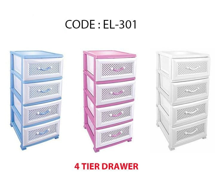 4 Tier Plastic Drawers With Handles Storage Bedroom Organiser EL301 (Big Parcel Rate)