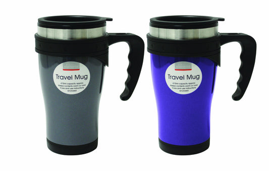 Plastic and Stainless Steel Travel Mug 420ml Assorted Colours FLK1040 (Parcel Rate)