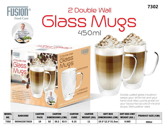 Double Wall Glass Mugs 450 ml Set of 2 7302 (Parcel Rate)