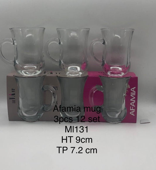 Afamia Mug Glass 3Pc Set 131ml H 9cm 1450 (Parcel Rate)