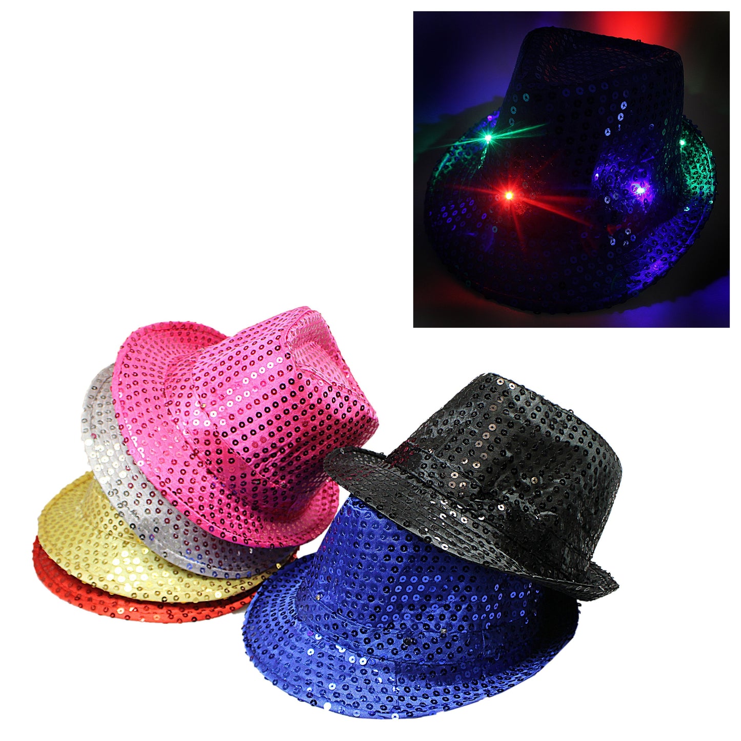 Flashing Light Up Led Fedora Trilby Sequin Fancy Dress Hat Assorted Colours 3054 (Parcel Rate)