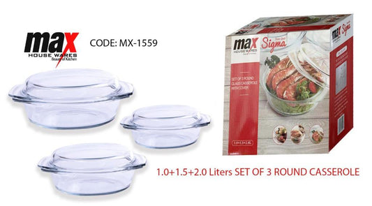 Set Of 3 Round Casserole Dishes With Lids 1.0L+1.5L+2.0L MX1559 (Parcel Rate)