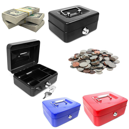 Metal Cash Deposit Money Box with Tray & 2 Keys 8" Assorted Colours 0198  (Parcel Rate)