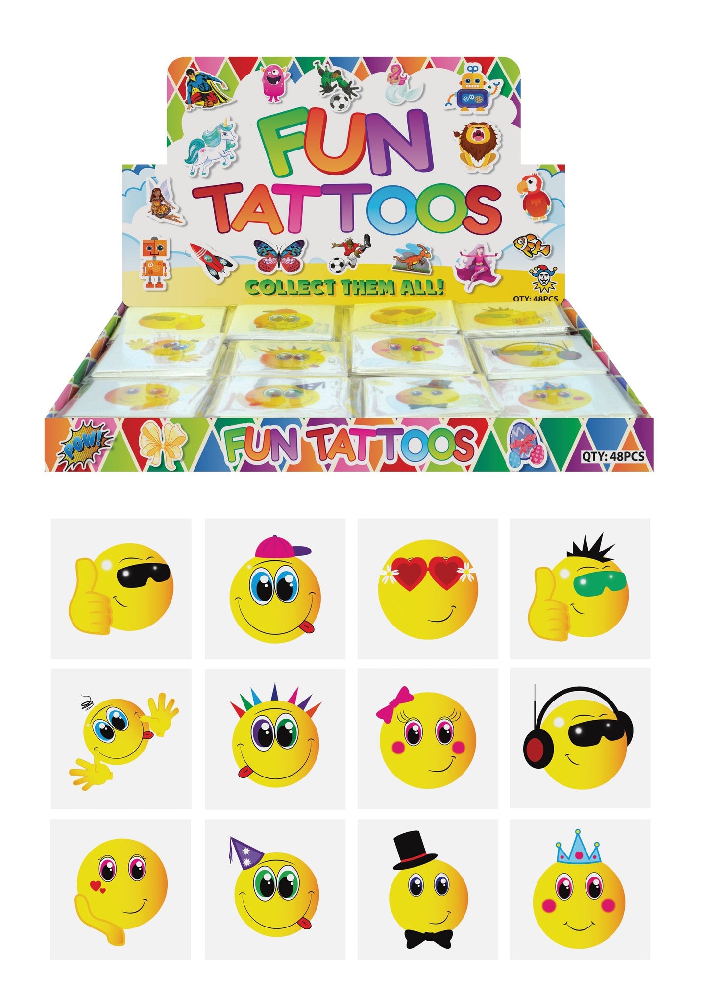 Children's Emoji Style Assorted Faces Mini Tattoos 12 Assorted Designs N51043 (Parcel Rate)