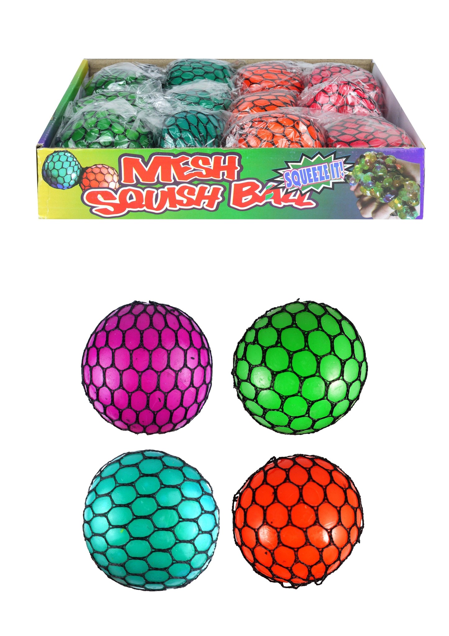 Squish & Squash Squidgy Brightly Coloured Mesh Ball 4 Assorted Colour 7cm N51403 (Parcel Rate)