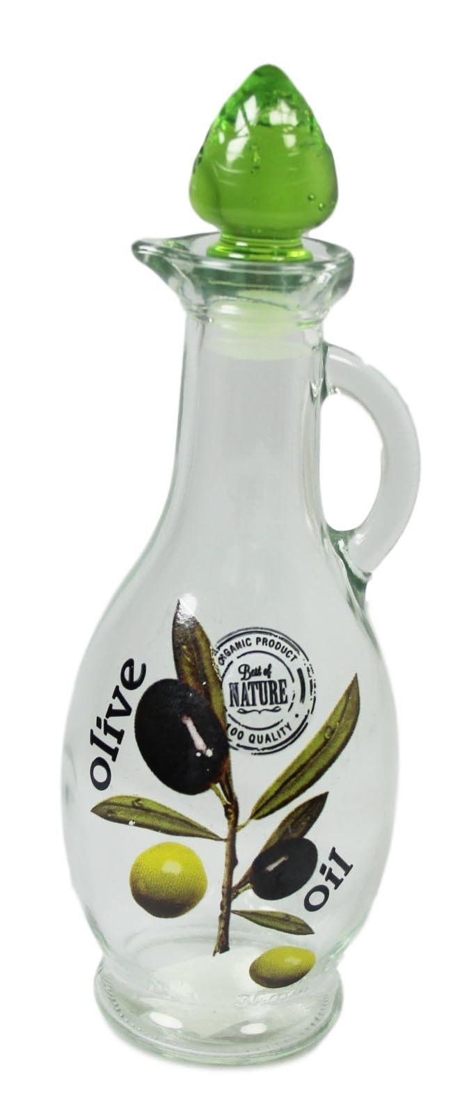 Beautiful Glass Olive Oil Bottle Printed Pouring Bottle With Green Glass Lid 250cc M241 (Parcel Rate)
