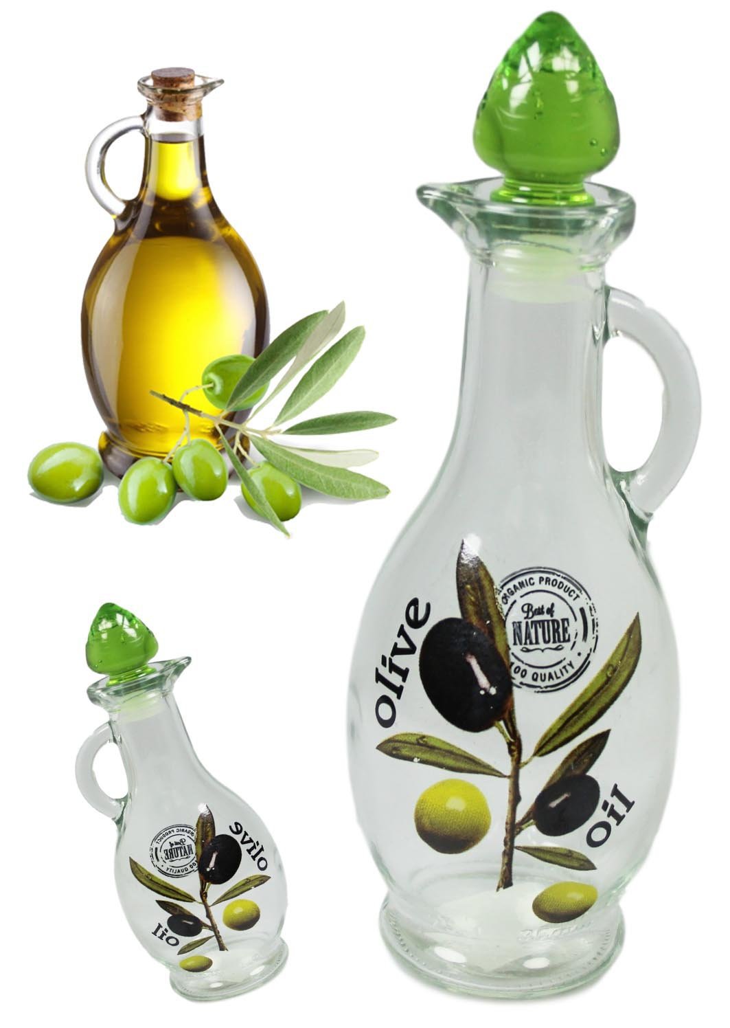 Beautiful Glass Olive Oil Bottle Printed Pouring Bottle With Green Glass Lid 250cc M241 (Parcel Rate)
