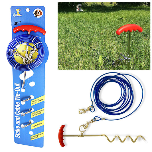 30ft Dog Tie Out Cable And Stake Set Small Large Dog Ground Field Spike Stake 2029 (Parcel Rate)