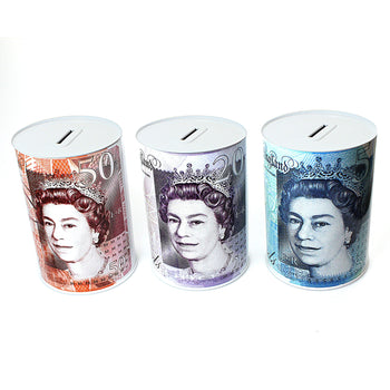MTS(0.75)  Small Sterling Designs Sealed Money Tins Savings Box Piggy Bank 11cm x 14.50cm  A w10  (Parcel Rate)