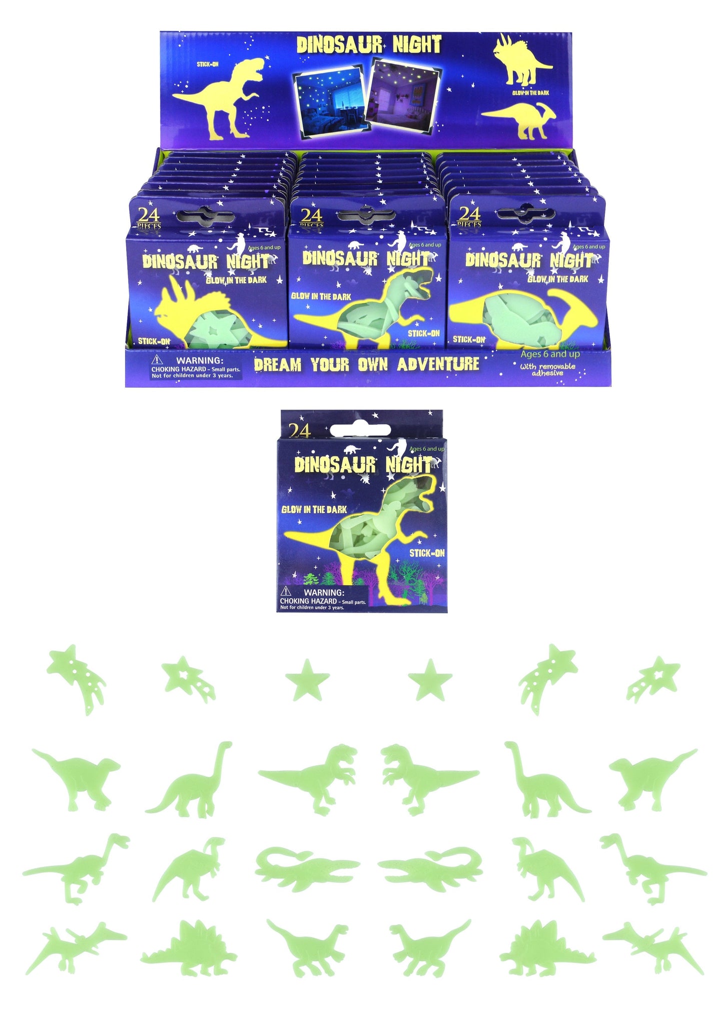 24 Pack Assorted Dinosaur Glow In The Dark Bedroom Stickers 6.5cm T51469 (Large Letter Rate)