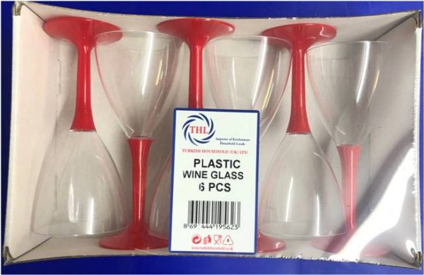 Plastic Wine Glasses with Red Stem Handle 15 x 7 cm THL9562 (Parcel Rate)