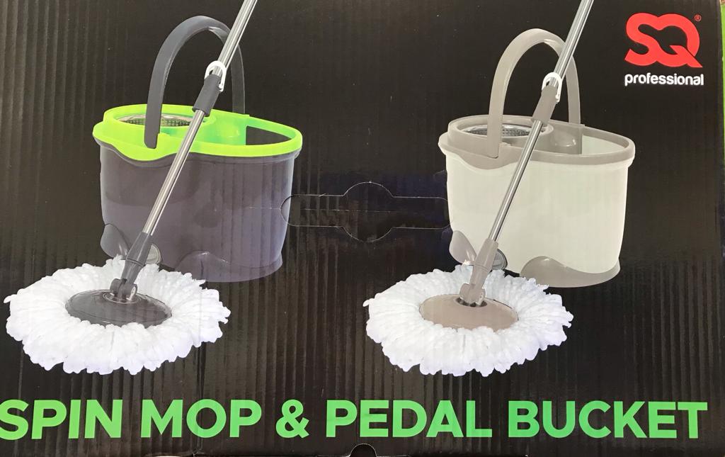 SQ Spin Mop Pedal Bucket Set Plastic 12 Litre Dark Grey - Green 9835 (Parcel Rate)