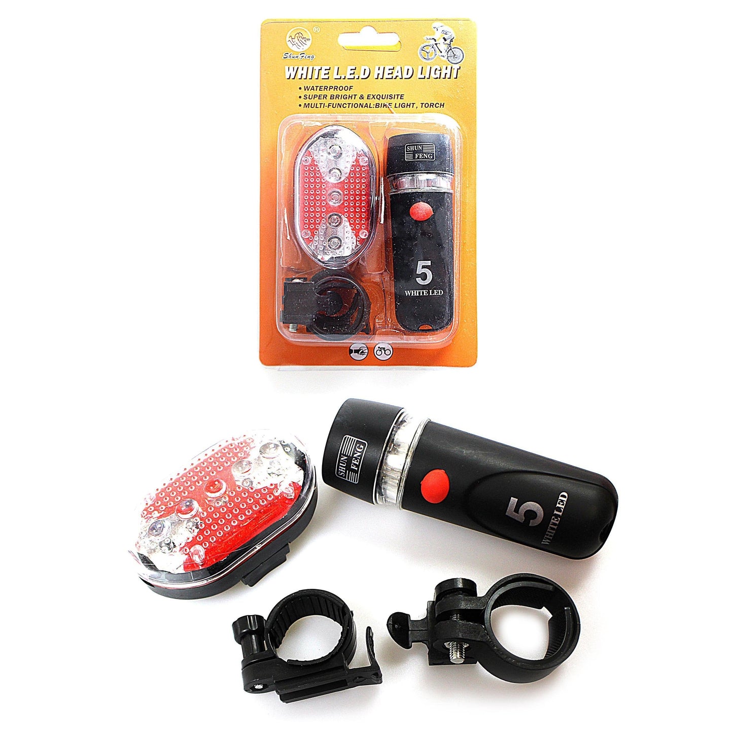White LED Head Light & Torch 4 Pack Bicycle Light Set Safety Light 0527 (Parcel Rate)
