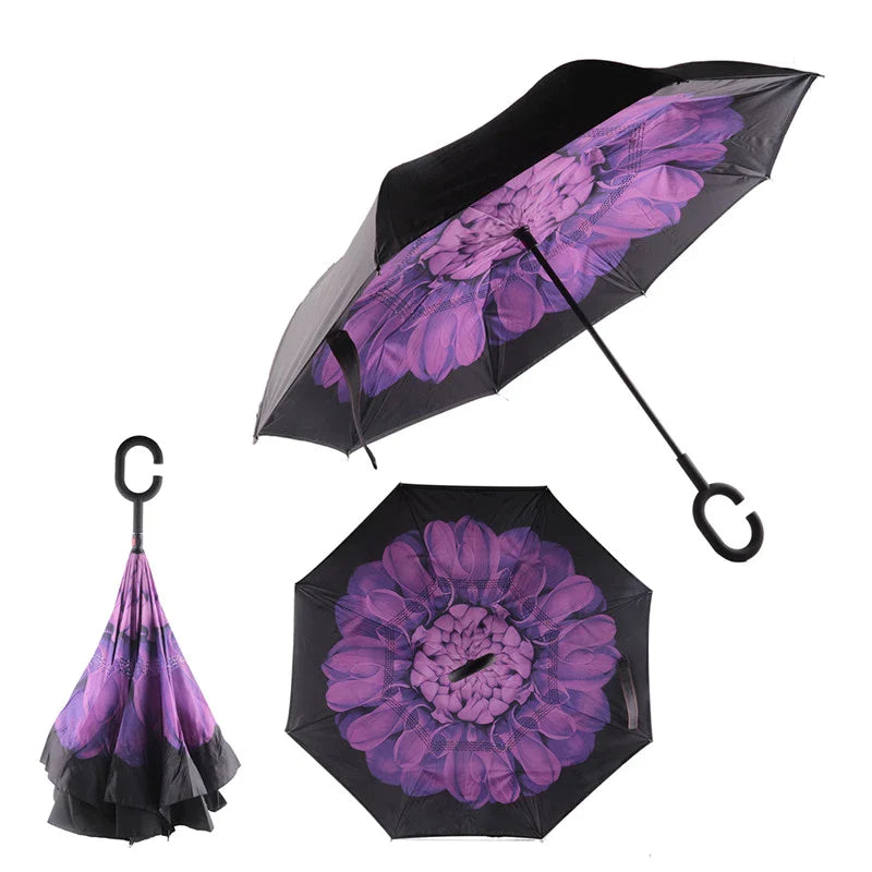 Reverse Inverted Double Layer Umbrella C Handle 80cm Assorted Designs 6550
