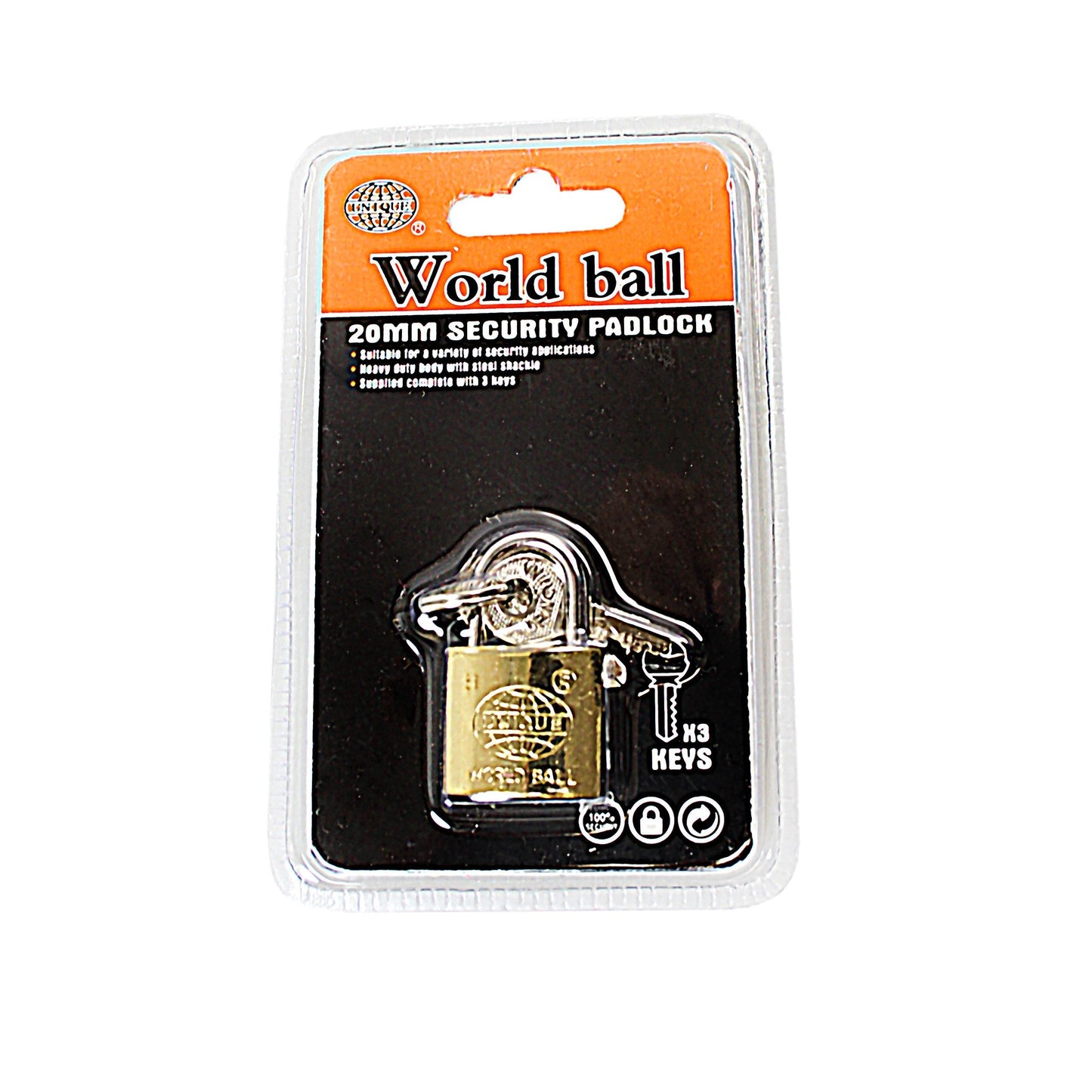 New Security World Ball Unique Padlock 20mm With 3 Keys 0242 (Parcel Rate)