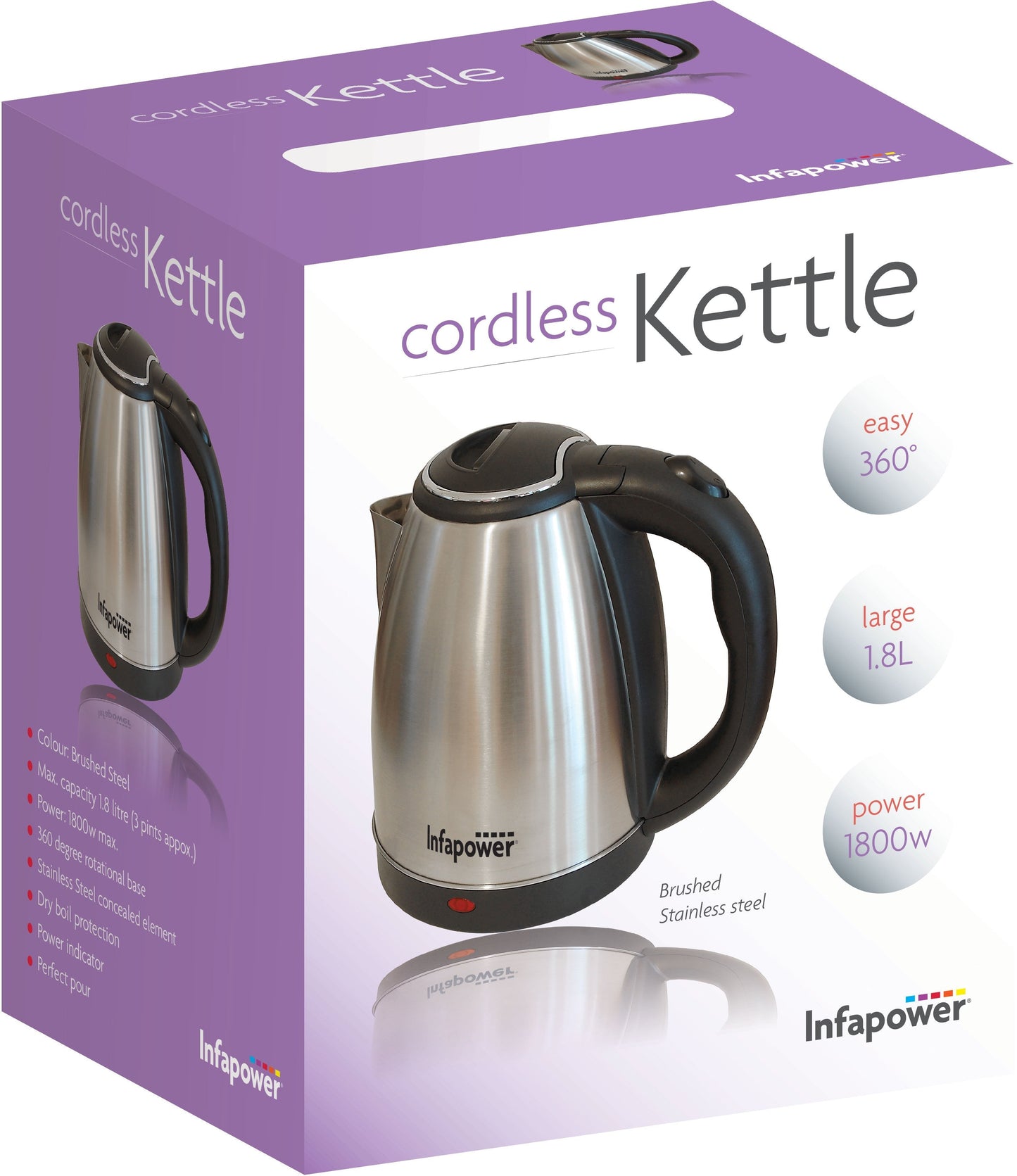 Infapower Brushed Stainless Steel Cordless Kettle 1800W 1.8L X503 (Parcel Rate)
