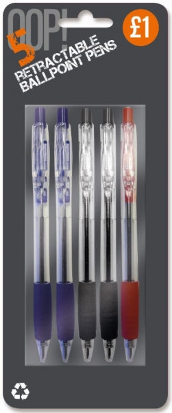 OOP! Retractable Ballpoint Pens Pack of 5 Assorted Colours A2412 (Parcel Rate)