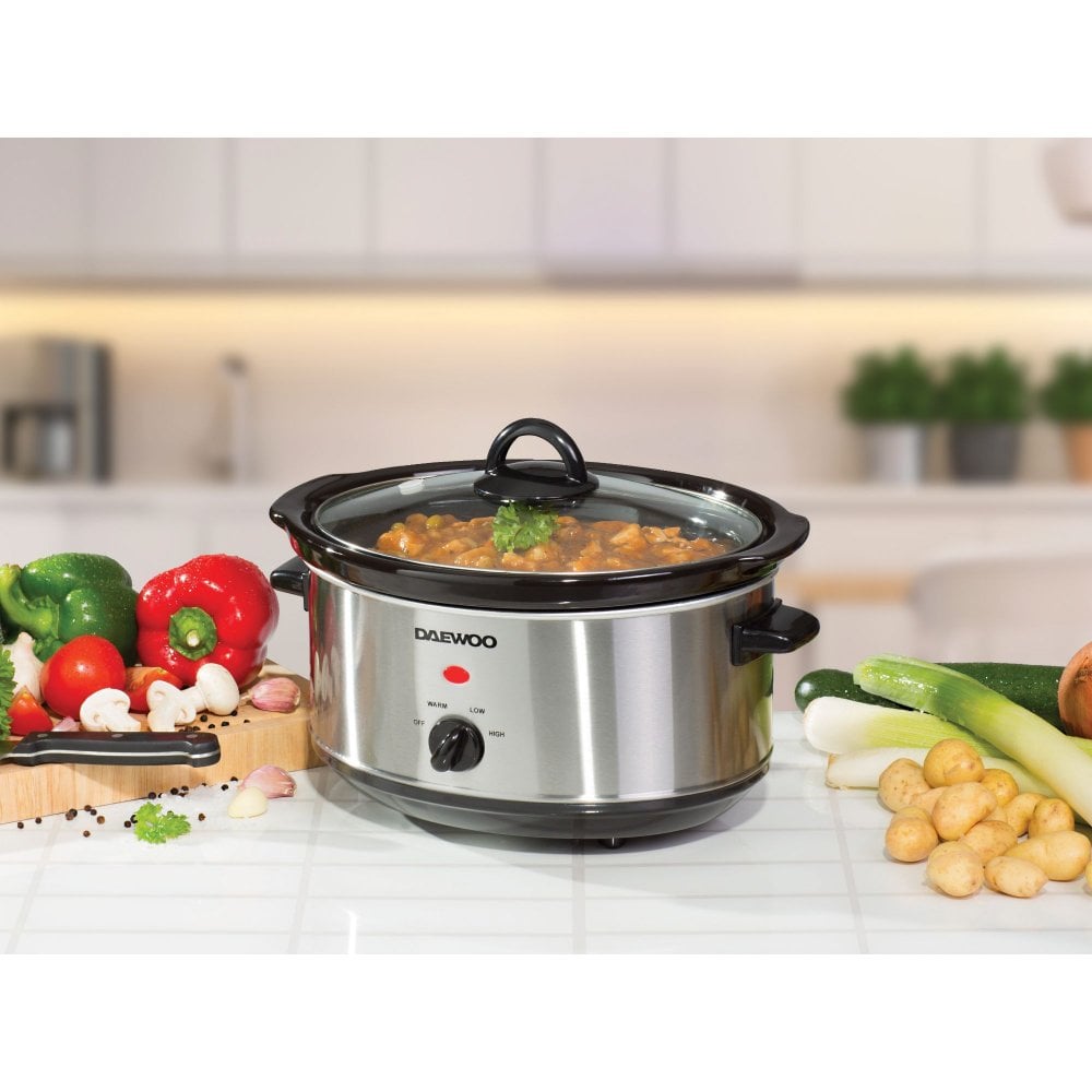 Daewoo 3.50 Litre Slow Cooker Removable Ceramic Pot Glass Lid Stainless Steel SDA1364 GE (Parcel Rate)