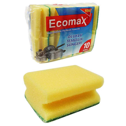 Ecomax Yellow Double Sided Grooved Kitchen Washing Up Sponges Scourers Pack of 10 (Parcel Rate)