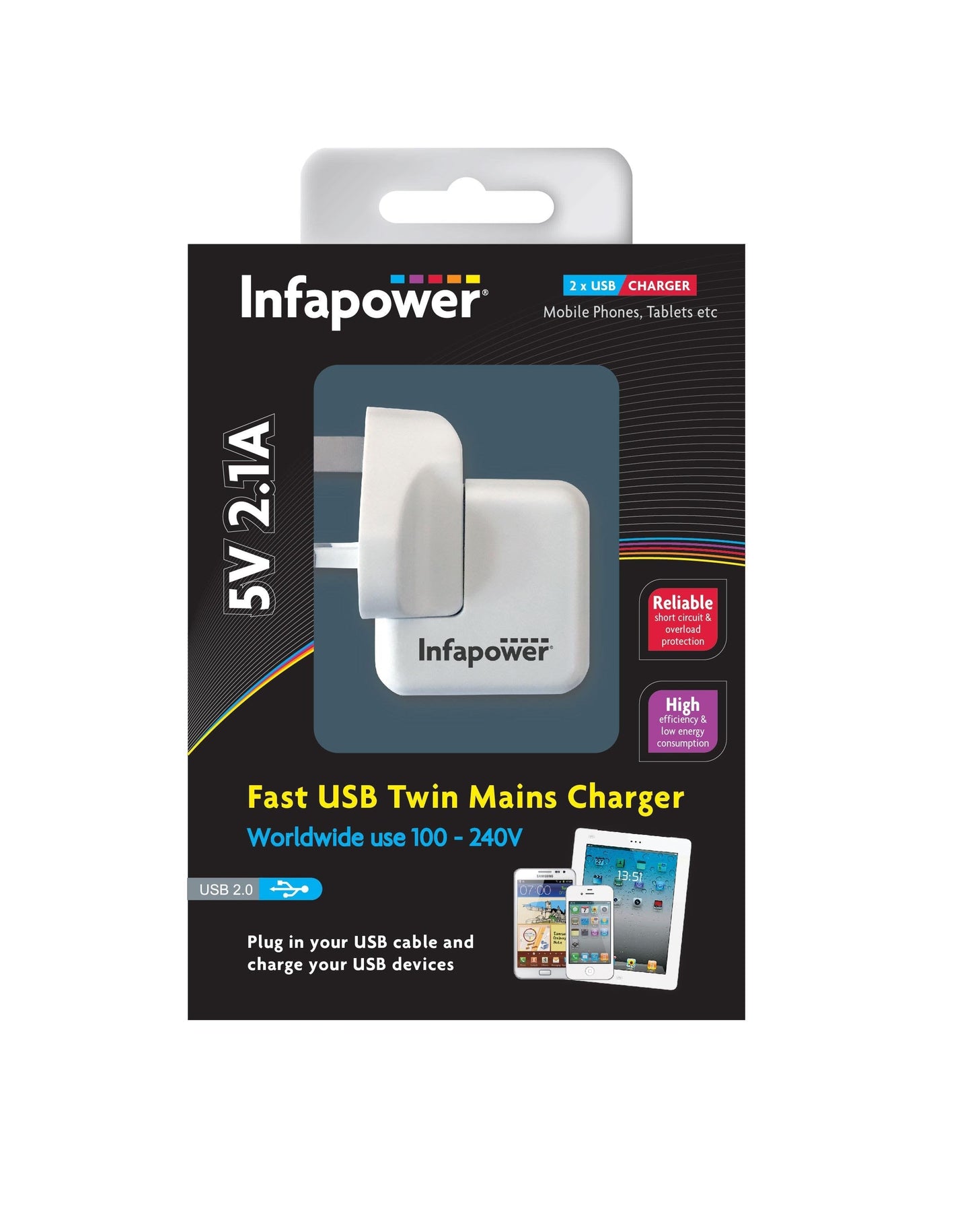 Infapower Fast USB Twins Mains Charger 5v Short Circuit Protection P041 (Parcel Rate)