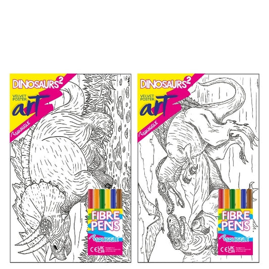 Velvet Poster Art Children's' Fun Colouring with Pens Dinosaurs 2 25 x 38 cm 2 Designs P3007 (Parcel Rate)