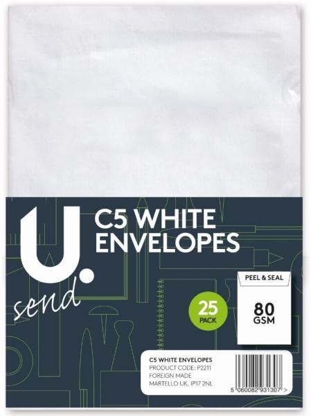 C5 White Envelopes Office Supplies Peel and Seal Envelopes 25 Pack P2211 (Parcel Rate)