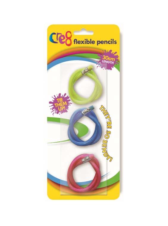 3 Pack Assorted Colour Cool Flexible Bendy Twisty Pencils 30cm With Eraser P2480 (Parcel Rate)