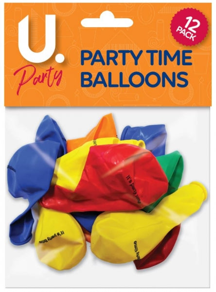 12 Pack High Quality 'It's Party Time' Party Balloons Assorted Colours P2742 (Large Letter Rate)P