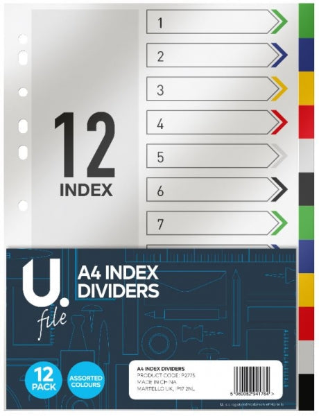 A4 Index Dividers Multicoloured Home Office School Paper Dividers 12 Pack P2775 (Large Letter Rate)