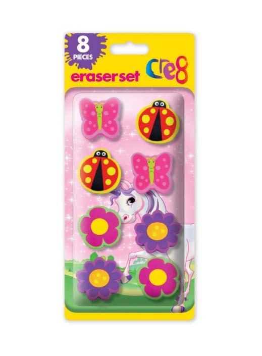 Girls Assorted Cre8 Eraser Set Pink Floral Lady Bird Butterfly Erasers 8 Pack P2780 (Parcel Rate)
