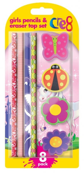 Cre8 Girls Pencil and Eraser Set Pack of 8 P2783 (Parcel Rate)