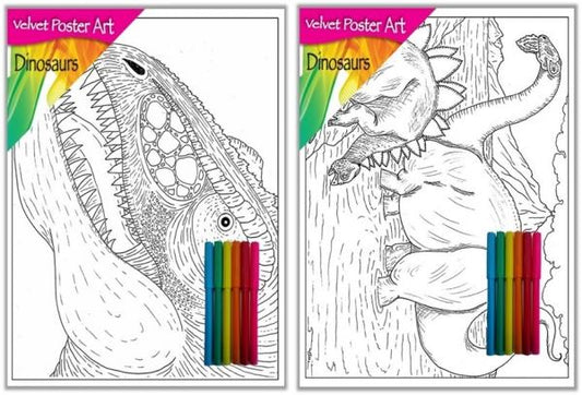 Velvet Poster Art Children's' Fun Colouring with Pens Dinosaurs 1 25 x 38 cm 2 Designs P3006 (Parcel Rate)
