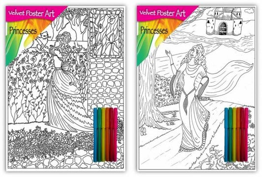 Velvet Poster Art Children's' Fun Colouring with Pens Princesses/Castles 1 25 x 38 cm 2 Designs P3010 (Parcel Rate)