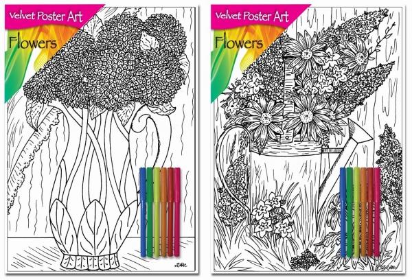 Velvet Poster Art Children's' Fun Colouring with Pens Flowers 1 25 x 38 cm 2 Designs P3022 (Parcel Rate)