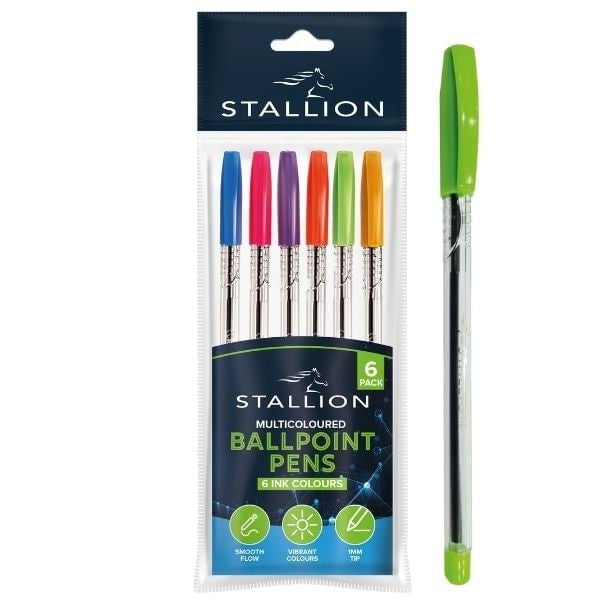 Multicoloured Ballpoint 1mm Tip Pens 6pk Home School College P3056 (Parcel Rate)