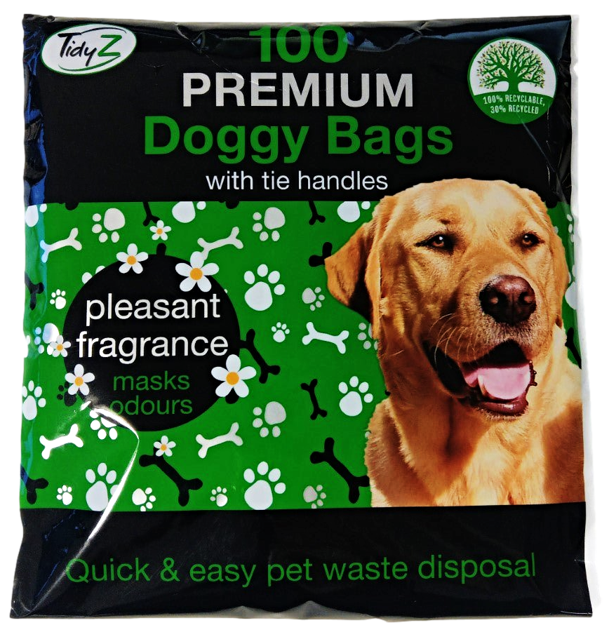 Premium Doggy Poo Bags with Tie Handles Lemon Fragrance Pack of 100 B0355 (Parcel Rate)