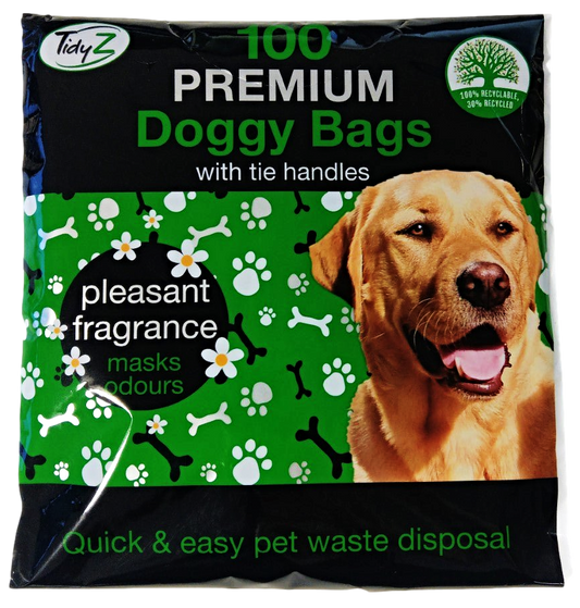 Premium Doggy Poo Bags with Tie Handles Lemon Fragrance Pack of 100 B0355 (Parcel Rate)