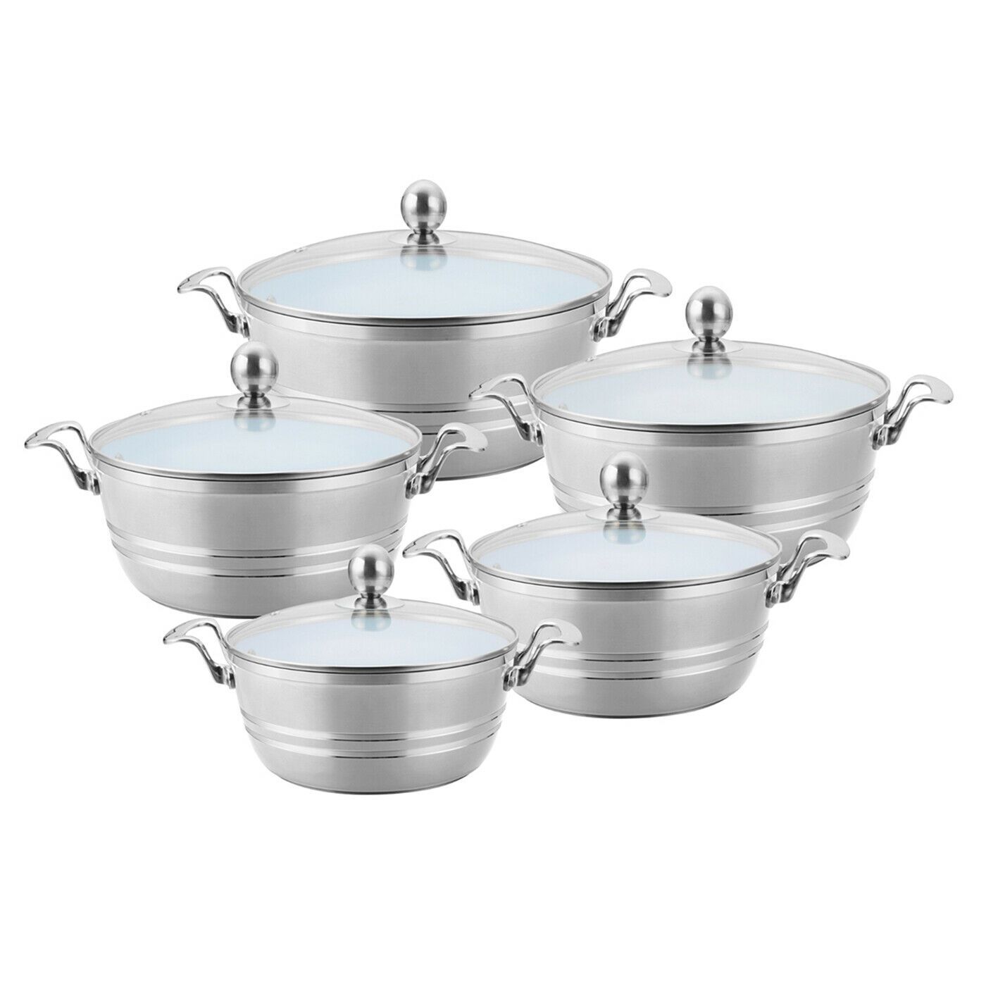 SERAMIQ  Diecast Ceramic Casserole Stockpot Kitchen Set Of 5 Silver 7202 (Big Parcel Rate)