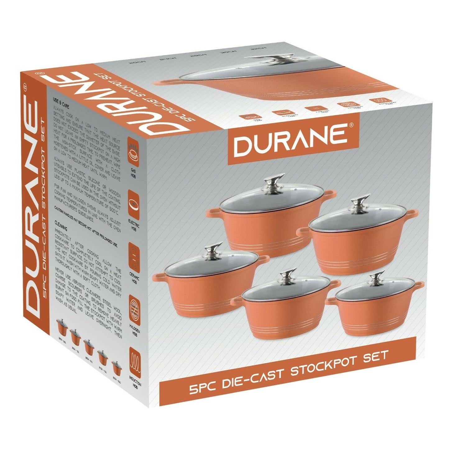 Durane Copper Die Cast Stock Pot Set Of 5 Stainless Steel Non Stick Coating With 2 Handles 20-24-28-30-32cm 9630 (Big Parcel Rate)