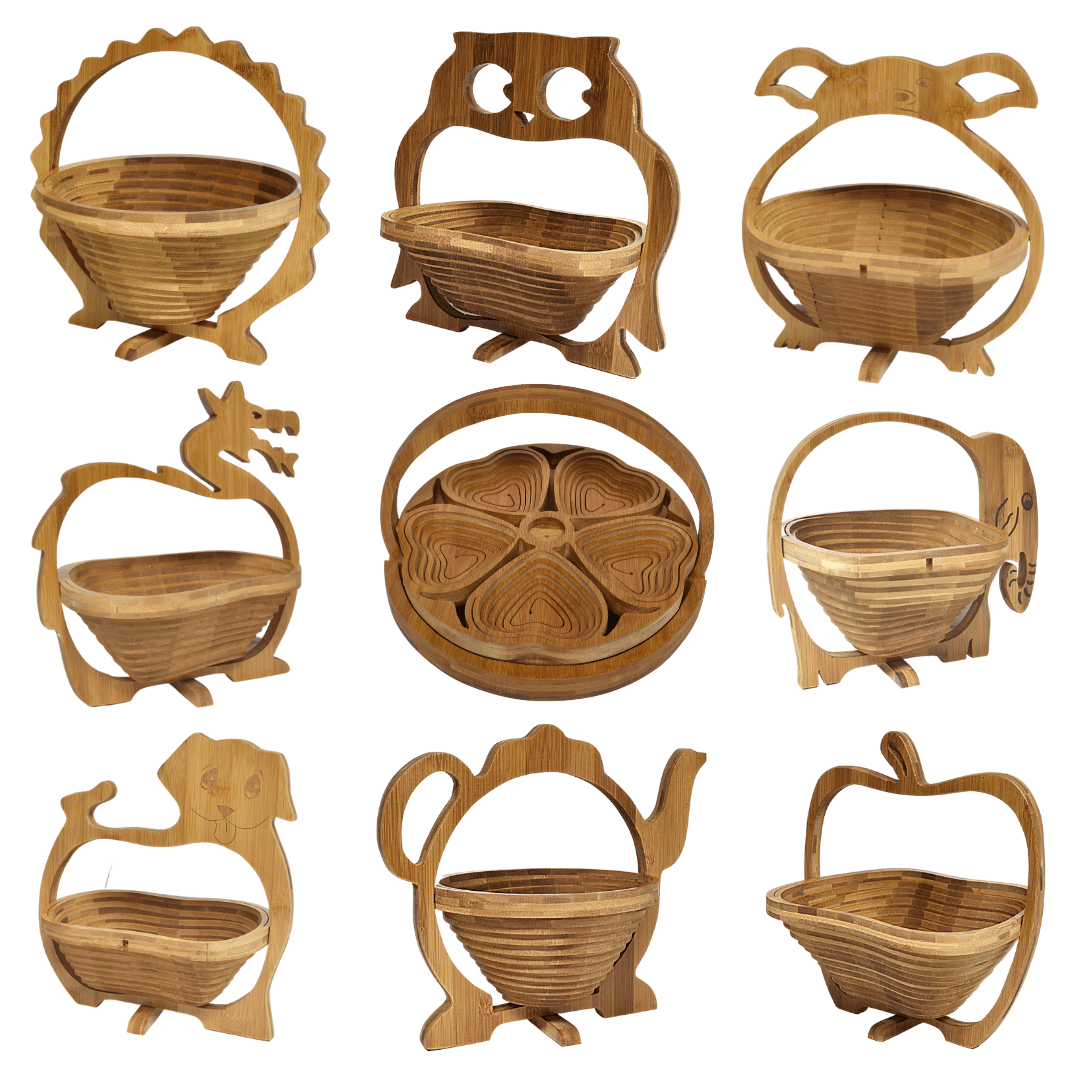Collapsible Foldable Bamboo Fruit Basket Bowl Assorted Designs 6642 (Parcel Rate)