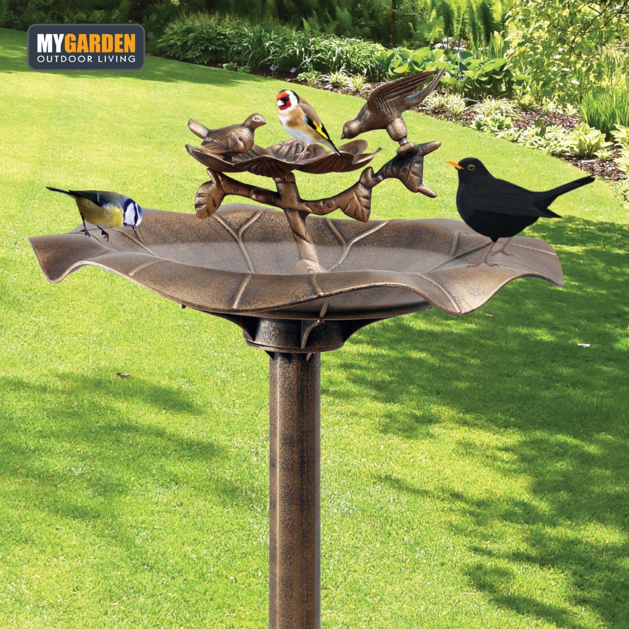 Bird Bath Bronze Effect With Bird Figurines And Feed Tray 1178 (Parcel Rate)